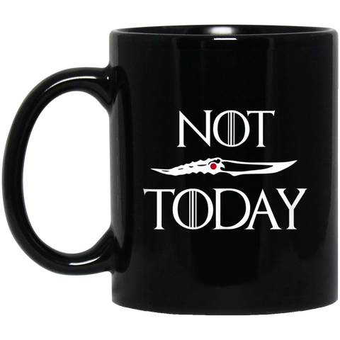 What do we say to the god of death Not Today 11 oz. Black Mug Black / One Size Drinkware - Genius New Invention